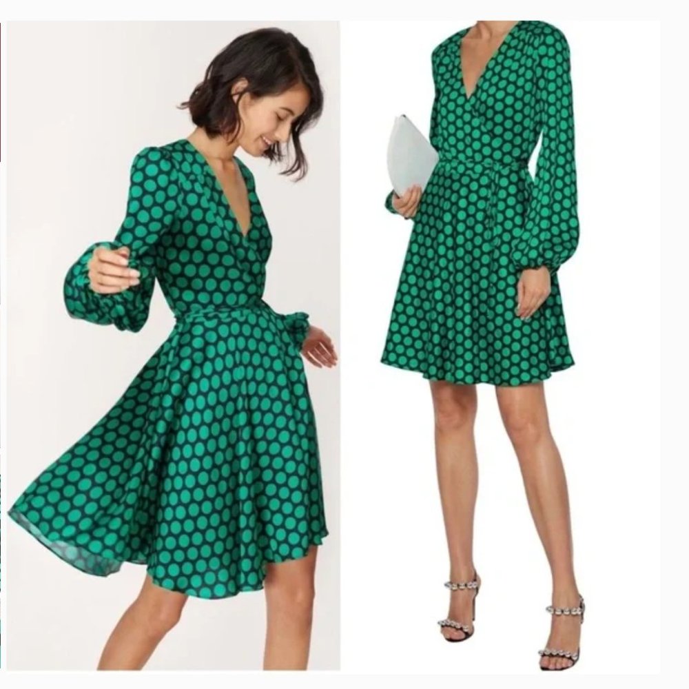 Milly Siena Wrap Dress Polka Dot Black Green Holiday - Size SMALL